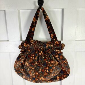 Vintage Floral Velvet Tote Bag Wood Ball Accents Brown Orange Blue Slouchy Boho